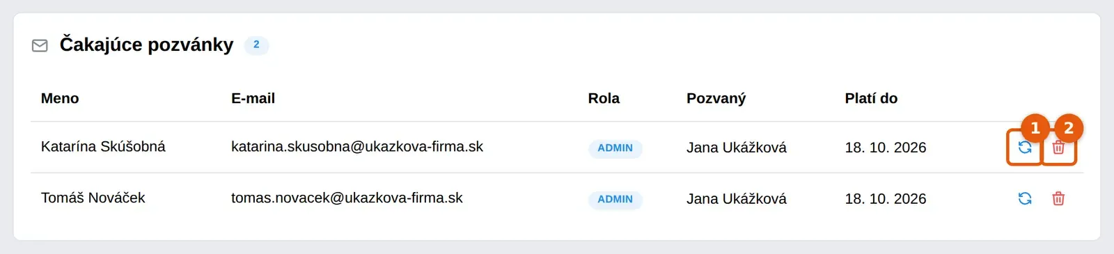 Snímka: časť Čakajúce pozvánky s tabuľkou pozvaných kolegov, ikonou Znova odoslať (1) a ikonou Zrušiť pozvánku (2)