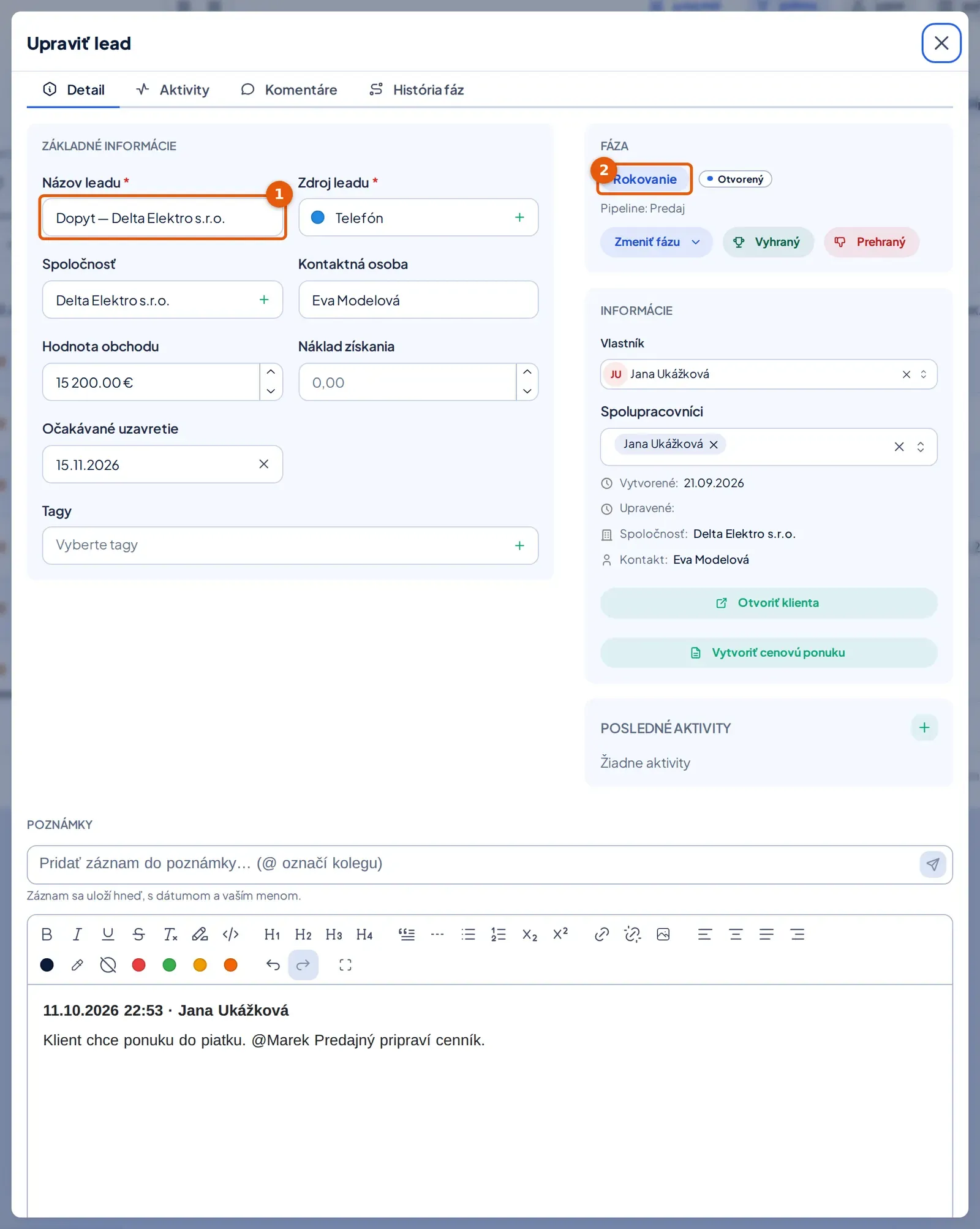 Snímka: okno Upraviť lead, záložka Detail so základnými informáciami (1), panelom Fáza (2) a poznámkami dole