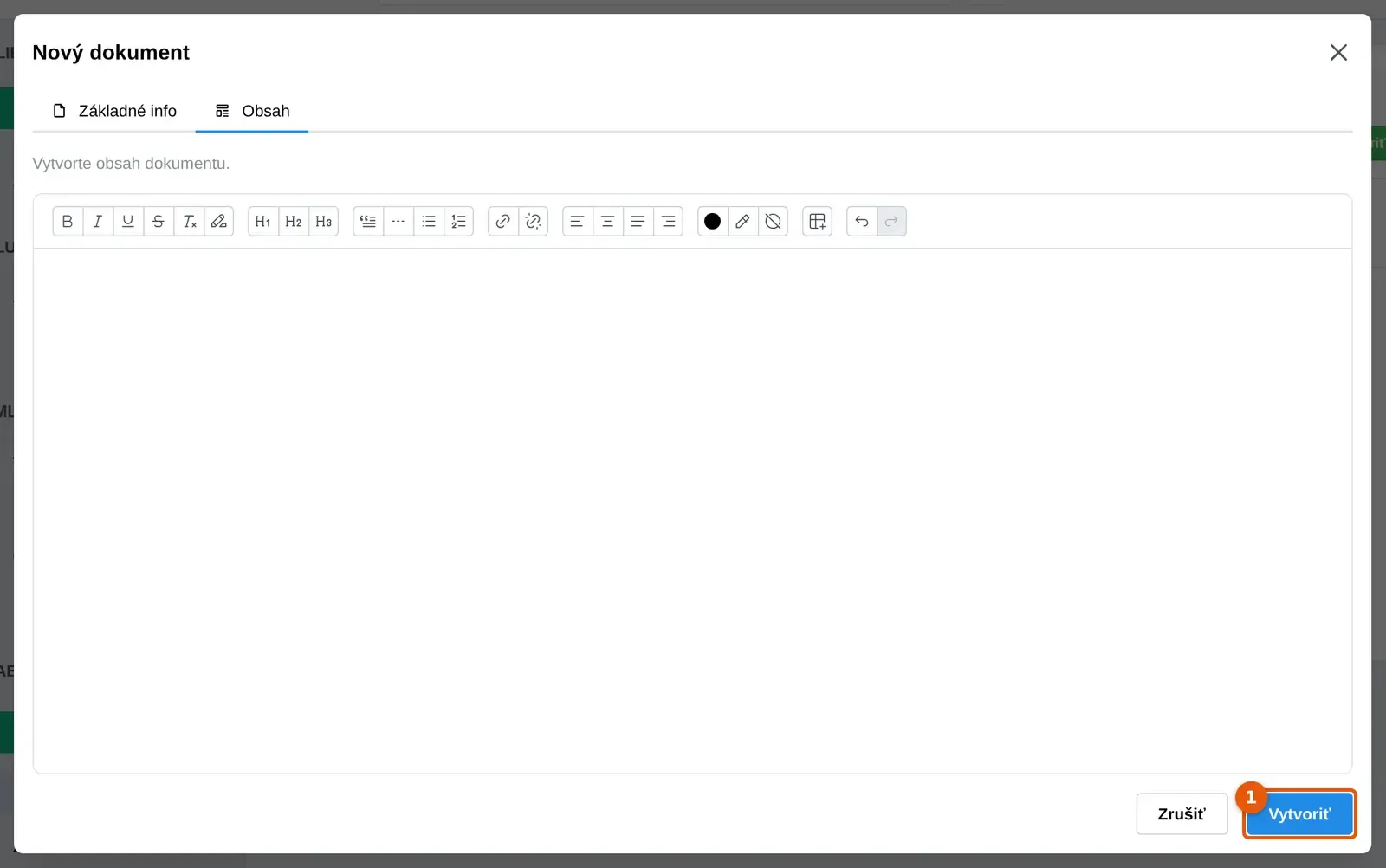 Snímka: okno Nový dokument, záložka Obsah s editorom textu a tlačidlom Vytvoriť (1) dole