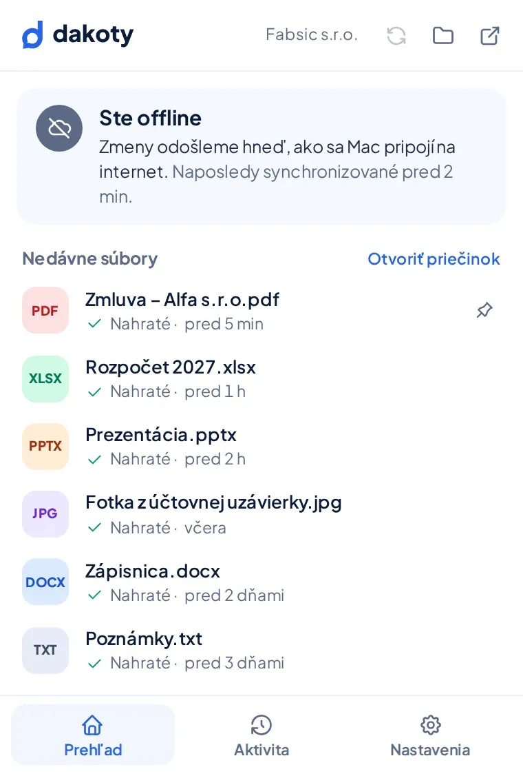 Snímka: Desktopová aplikácia Dakoty v offline stave