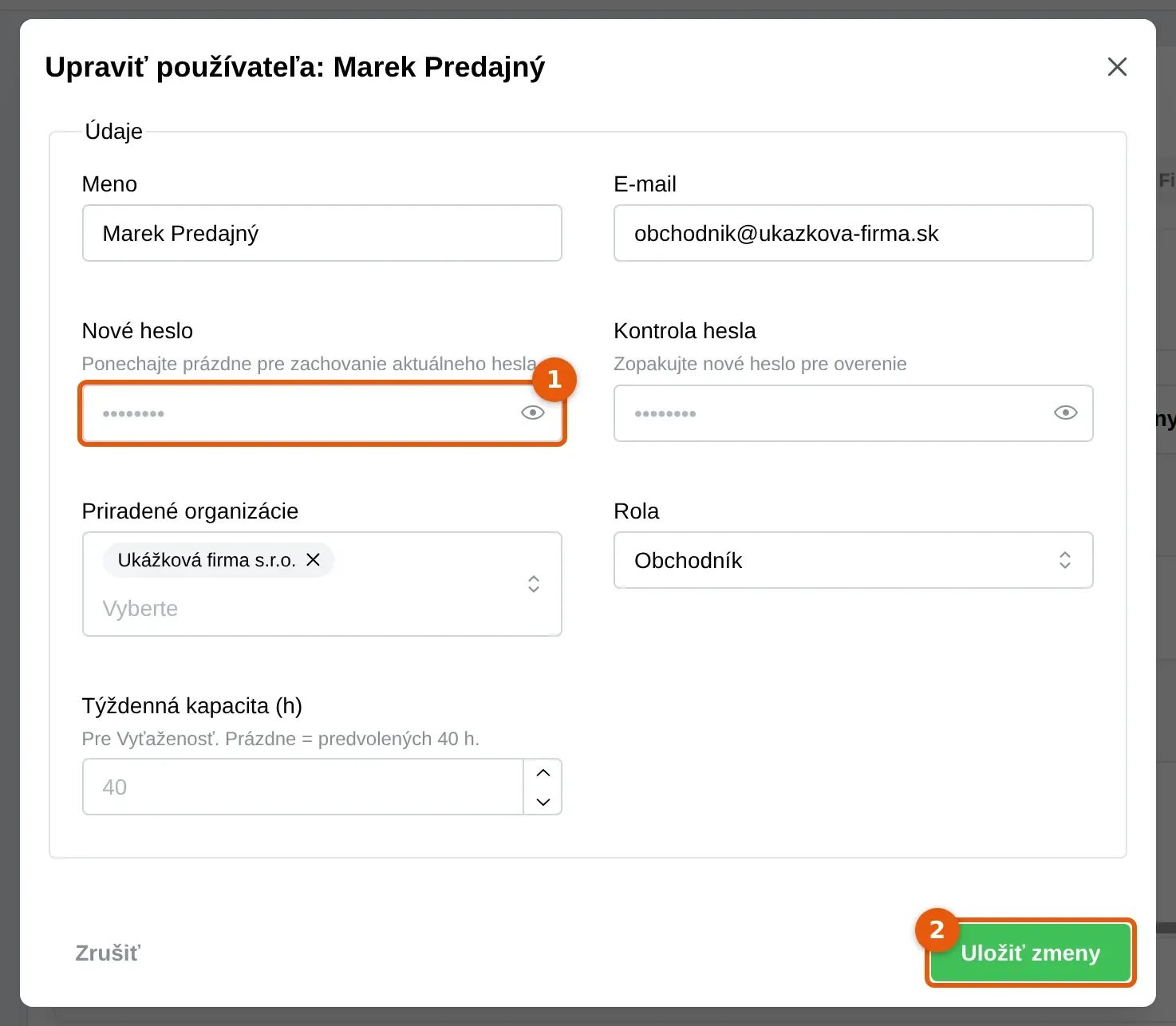 Snímka: okno Upraviť používateľa s poľami Meno, E-mail, Nové heslo (1), Rola a Týždenná kapacita (h) a tlačidlom Uložiť zmeny (2)