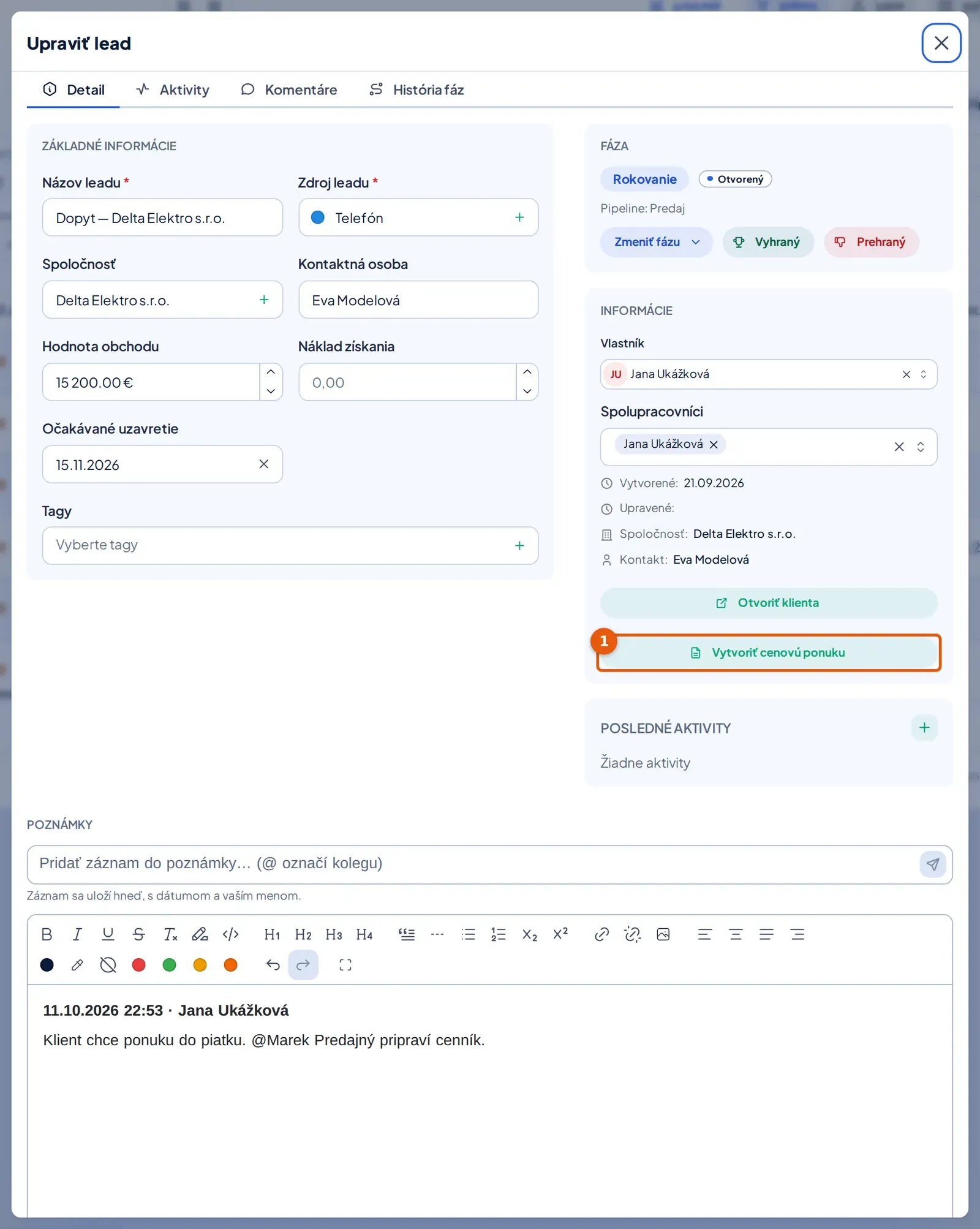 Snímka: detail leadu, panel Informácie s tlačidlom Vytvoriť cenovú ponuku (1) pod údajmi o spoločnosti a kontakte