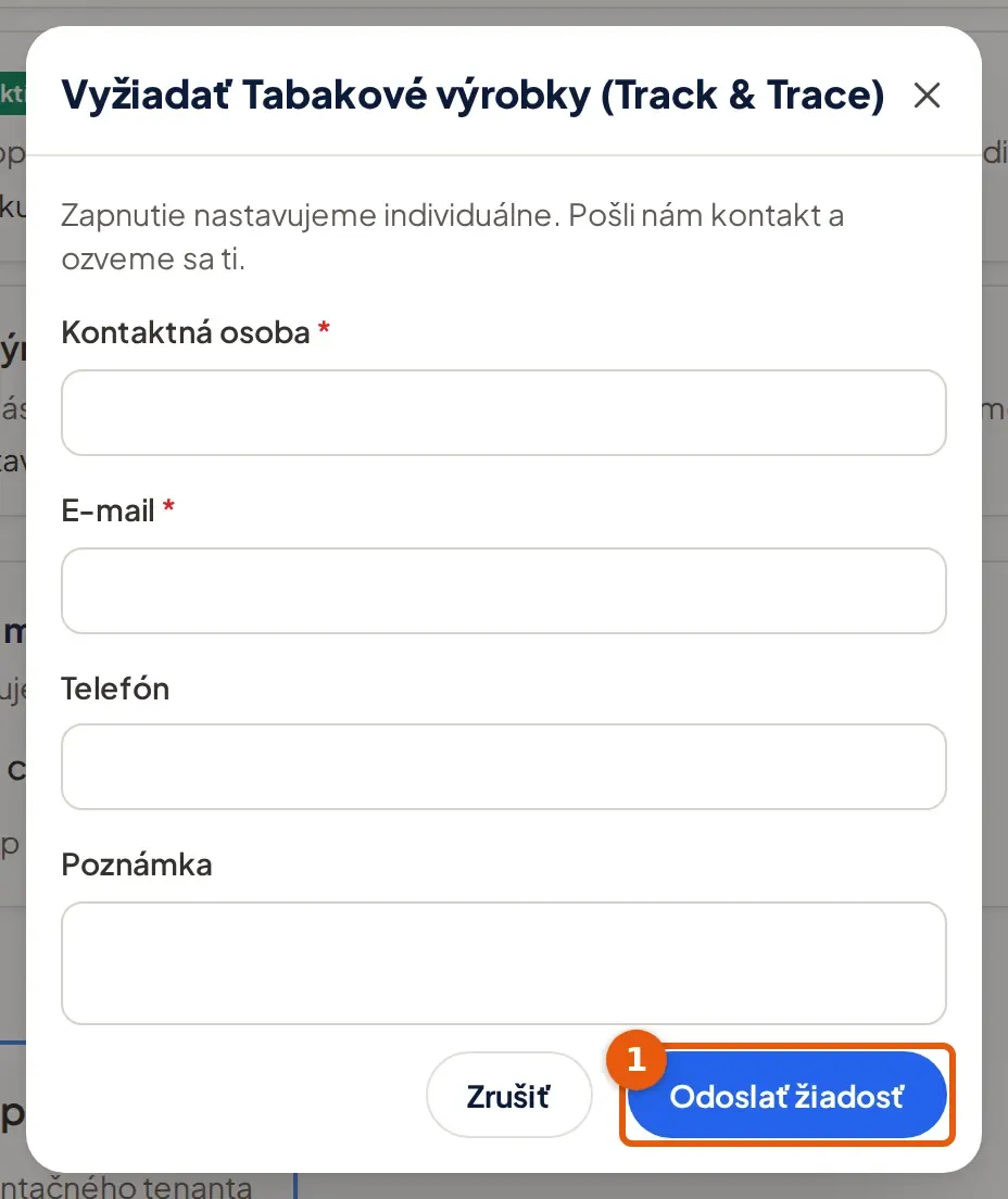 Snímka: okno Vyžiadať Tabakové výrobky (Track & Trace) s tlačidlom Odoslať žiadosť (1)