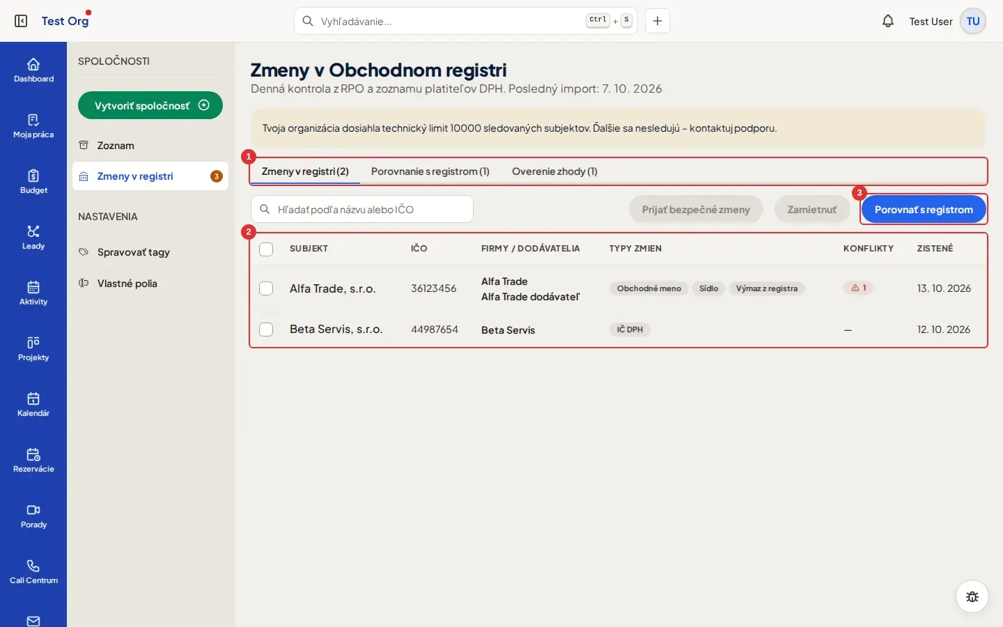 Snímka: tab Zmeny v registri, taby (1), zoznam subjektov s typmi zmien (2) a tlačidlo Porovnať s registrom (3)