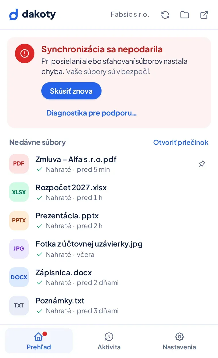 Snímka: Desktopová aplikácia Dakoty s chybou