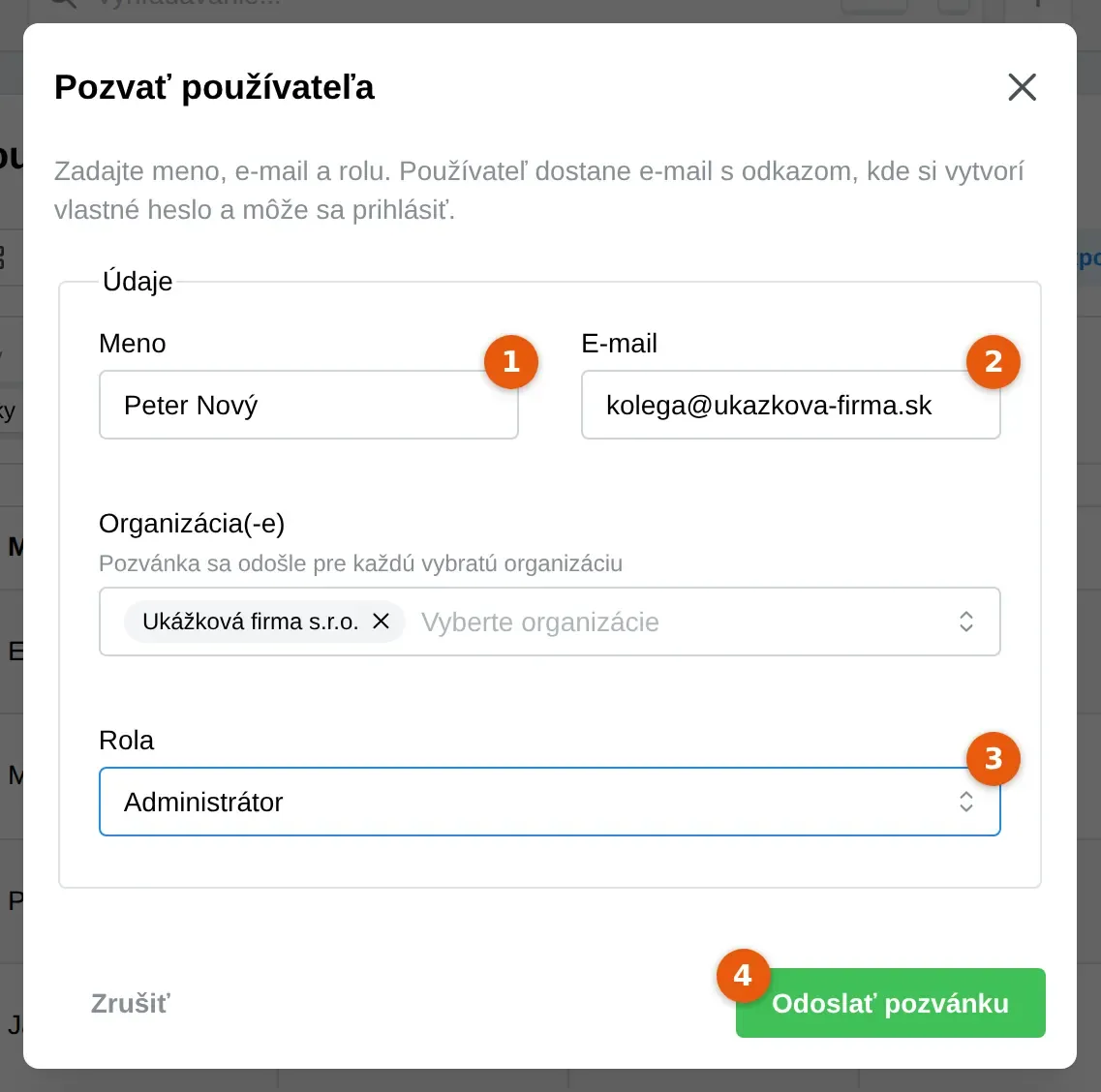 Snímka: okno Pozvať používateľa, pole Meno (1), pole E-mail (2), pole Rola (3) a tlačidlo Odoslať pozvánku (4)