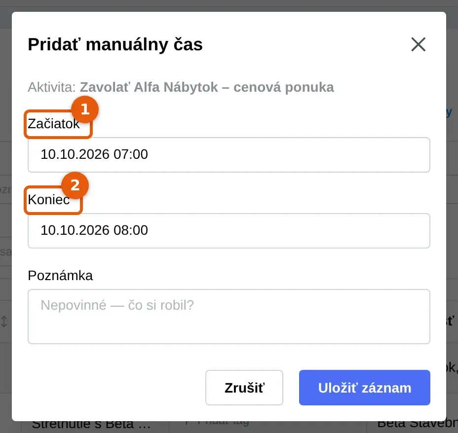 Snímka: okno Pridať manuálny čas s poľami Začiatok (1) a Koniec (2), Poznámka a tlačidlom Uložiť záznam dole
