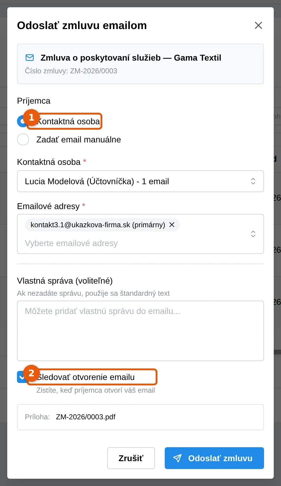 Snímka: okno Odoslať zmluvu emailom s výberom Príjemca (1), poľom Emailové adresy, voľbou Sledovať otvorenie emailu (2) a tlačidlom Odoslať zmluvu dole