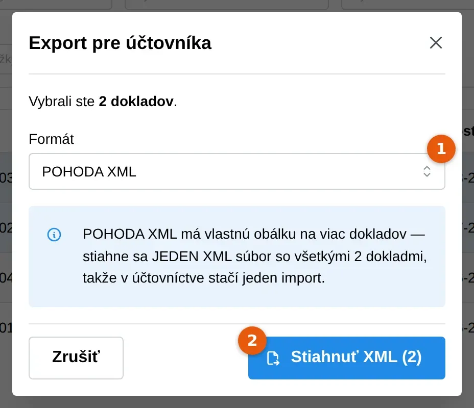 Snímka: okno Export pre účtovníka, pole Formát (1) a tlačidlo Stiahnuť XML s počtom dokladov (2)