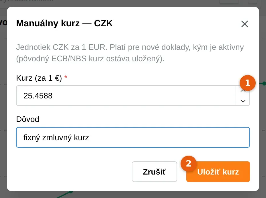 Snímka: okno Manuálny kurz, pole Kurz (za 1 €) (1) a tlačidlo Uložiť kurz (2)