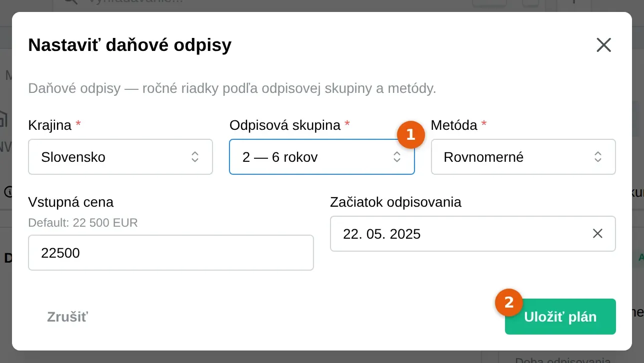 Snímka: okno Nastaviť daňové odpisy, pole Odpisová skupina (1) a tlačidlo Uložiť plán (2)