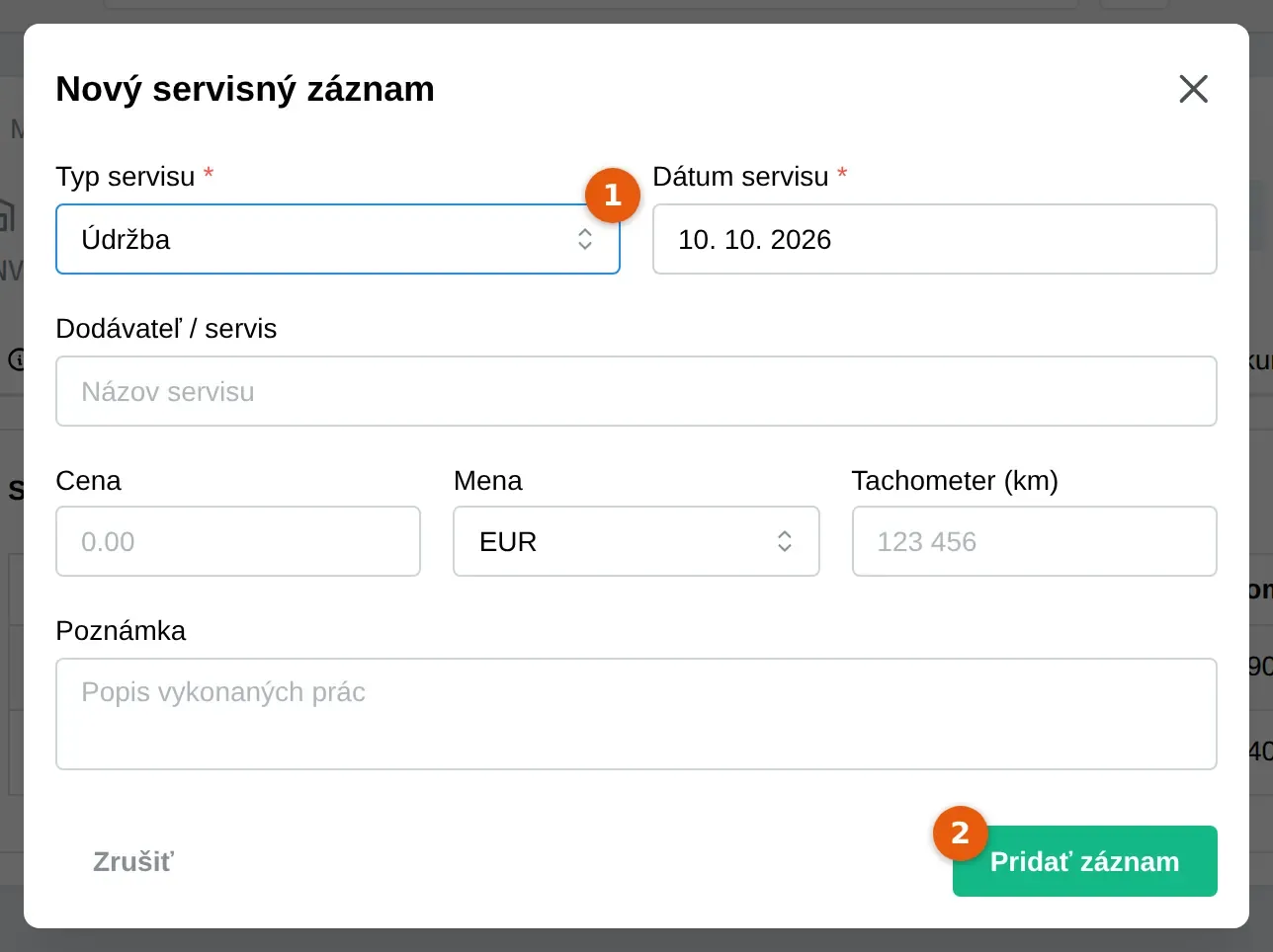 Snímka: okno Nový servisný záznam, pole Typ servisu (1) a tlačidlo Pridať záznam (2)