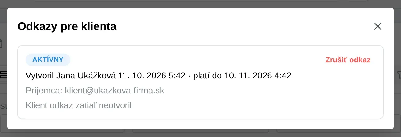 Snímka: okno Odkazy pre klienta so zoznamom odkazov na online prijatie ponuky a ich stavom