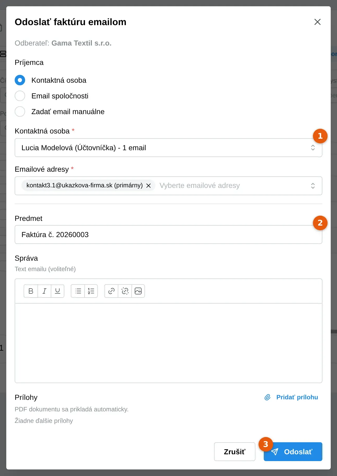 Snímka: okno Odoslať faktúru emailom, pole Kontaktná osoba (1), pole Predmet (2) a tlačidlo Odoslať (3)