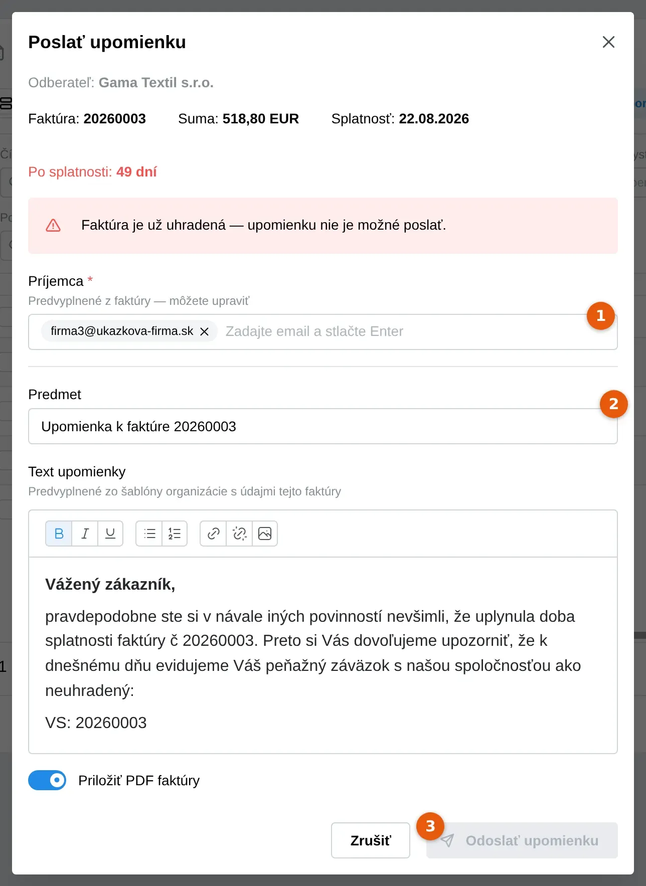Snímka: okno Poslať upomienku, pole Príjemca (1), pole Predmet (2) a tlačidlo Odoslať upomienku (3)