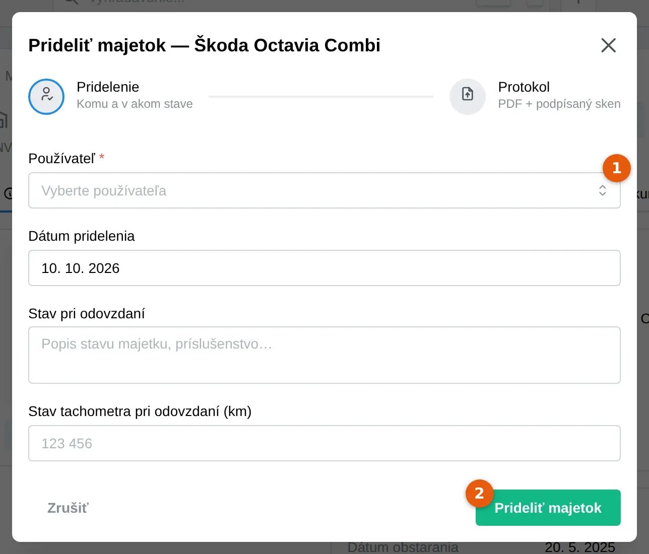 Snímka: okno Prideliť majetok, pole Používateľ (1) a tlačidlo Prideliť majetok (2)