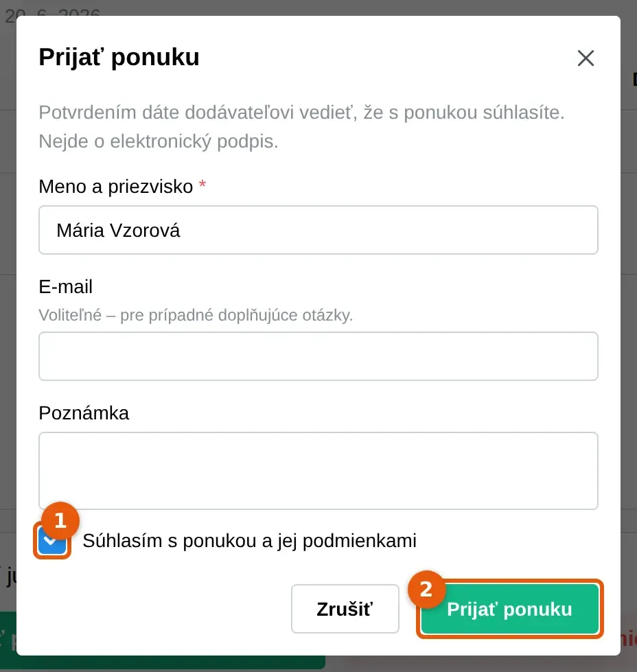 Snímka: okno Prijať ponuku s vyplneným menom, zaškrtnutým súhlasom (1) a tlačidlom Prijať ponuku (2)