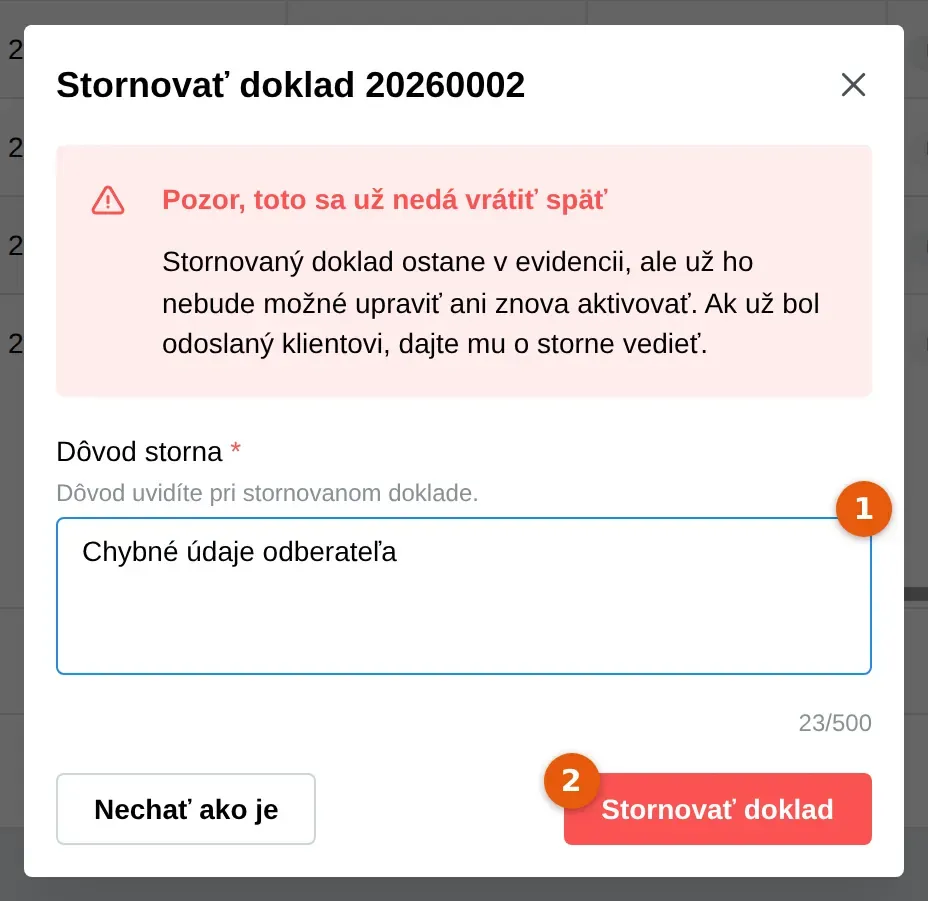 Snímka: okno Stornovať doklad, pole Dôvod storna (1) a červené tlačidlo Stornovať doklad (2)