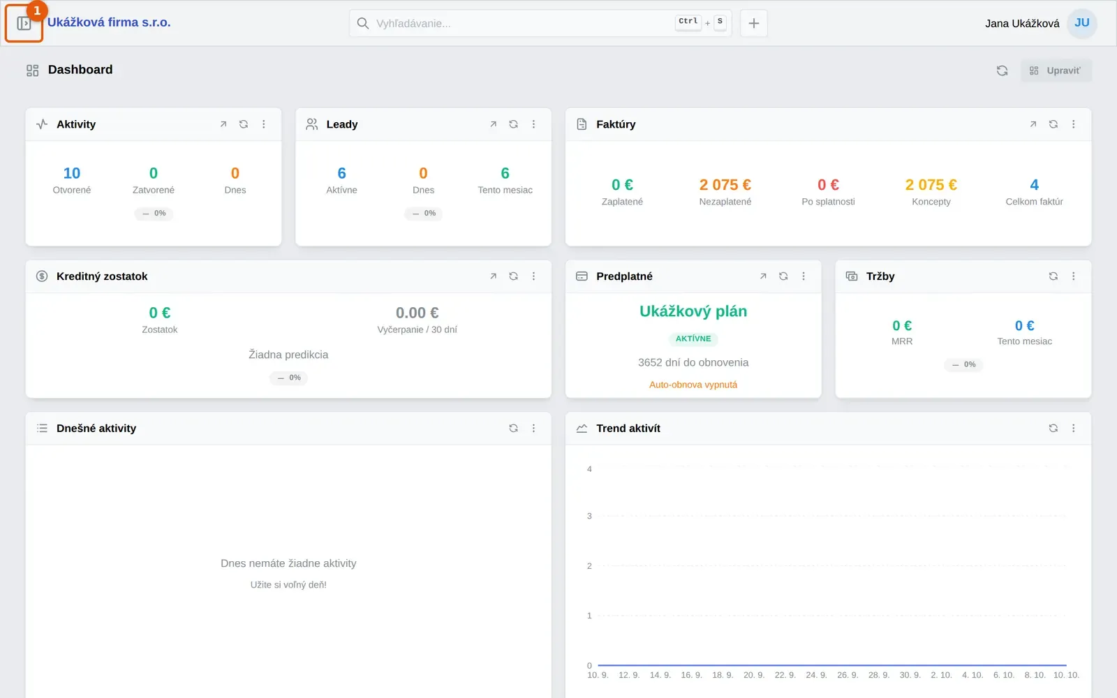 Snímka: Dashboard so skrytým ľavým panelom, tlačidlo Zobraziť menu vľavo hore označené číslom 1