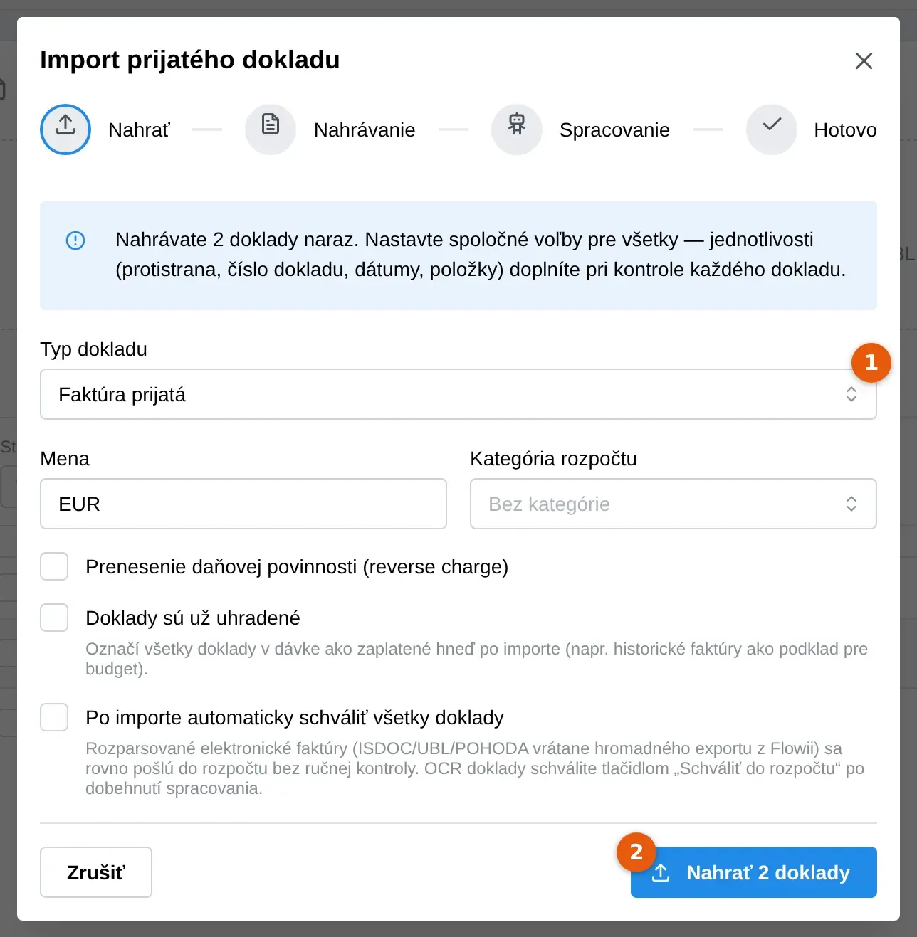 Snímka: okno Import prijatého dokladu, pole Typ dokladu (1) a tlačidlo Nahrať 2 doklady (2)