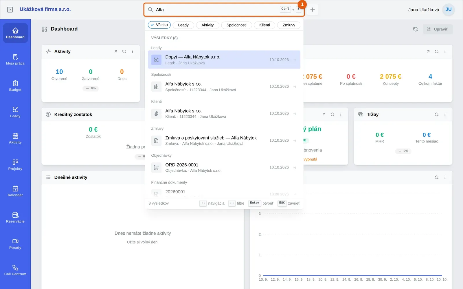 Snímka: Dashboard, pole Vyhľadávanie... (1) v hornej lište s textom Alfa a výsledky vyhľadávania pod ním