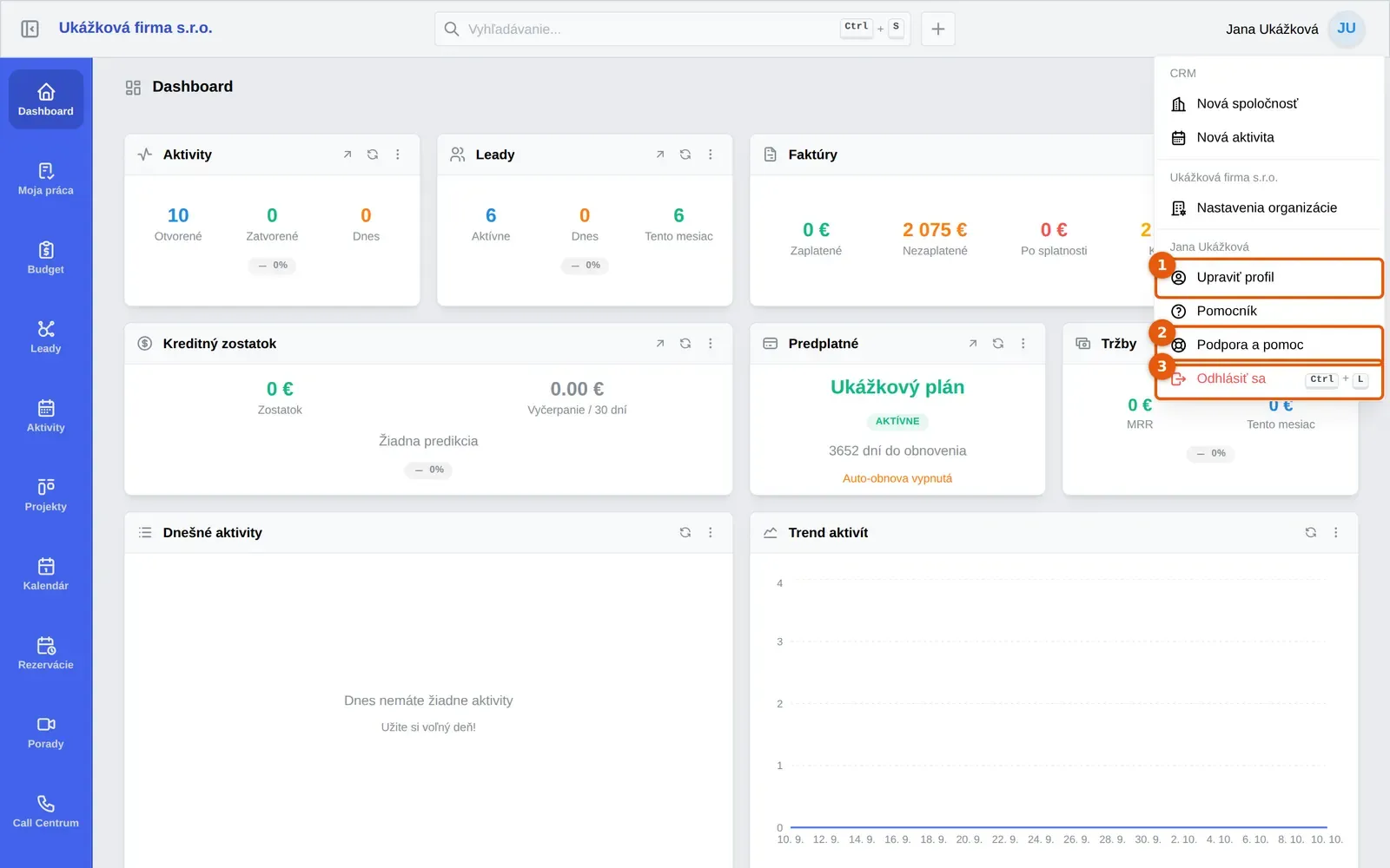 Snímka: Dashboard, otvorené menu používateľa vpravo hore: Upraviť profil (1), Podpora a pomoc (2) a Odhlásiť sa (3)