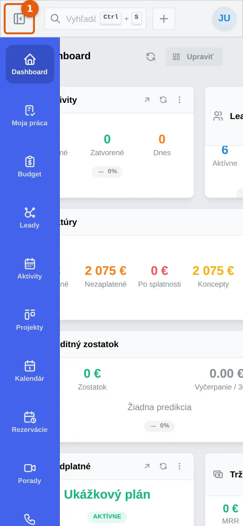 Snímka: mobilný Dashboard s otvoreným ľavým panelom, tlačidlo Skryť menu označené číslom 1
